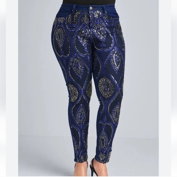 🍁🍂RARE HTF NWOT Beaded Skinny Jeans Indigo Blue | Women VENUS Novelty Jeans 20 - Picture 2 of 9